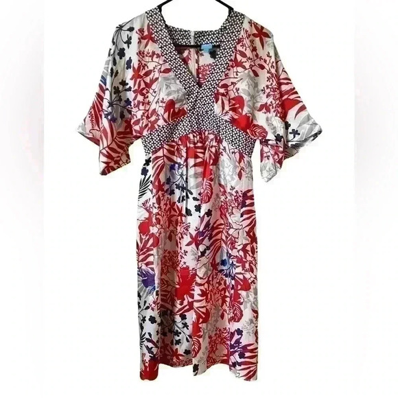 Barney’s New York Floral Kimono Style Silk Midi Dress Red and White - Picture 1 of 9